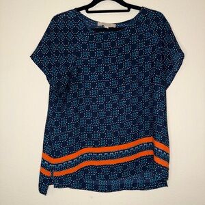 LOFT Navy Geometric Print Blouse with Orange Stripes